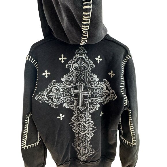 Y2K Affliction Hoodie Black Full Zip SZ S Gothic Cross Crucifix - Picture 7 of 10